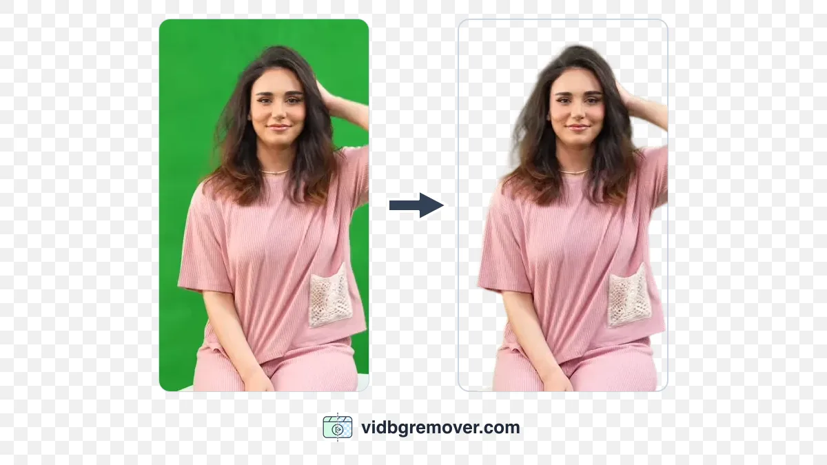 Video background removal before and after: the original green screen footage on the left, the same clip with a transparent background on the right