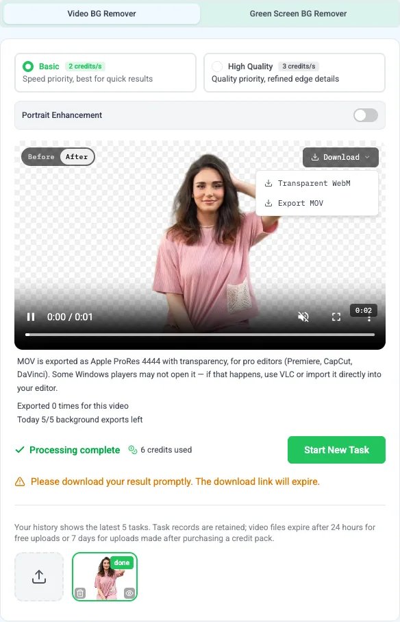 The Download options in VidBG Remover: Transparent WebM or Export MOV