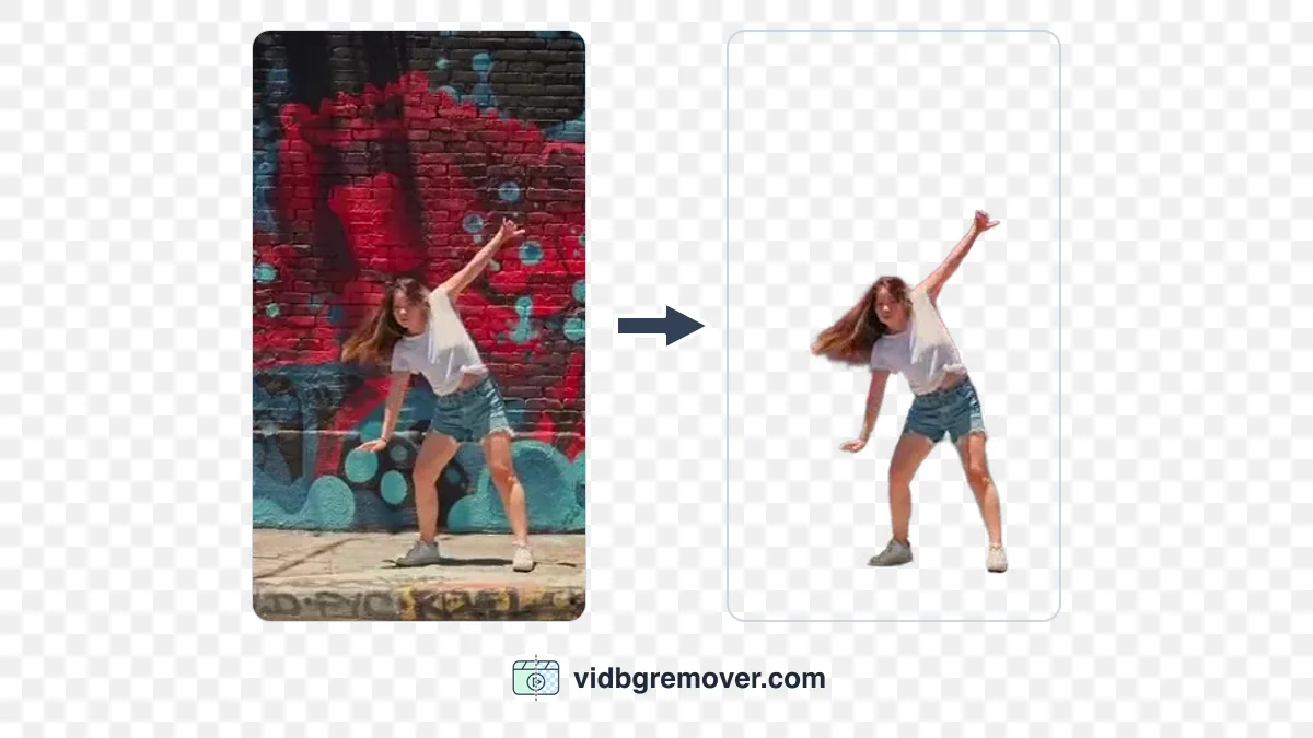 Quadro antes e depois da remoção do fundo: à esquerda a dançarina em frente a um muro de grafite, à direita o recorte transparente sobre o quadriculado