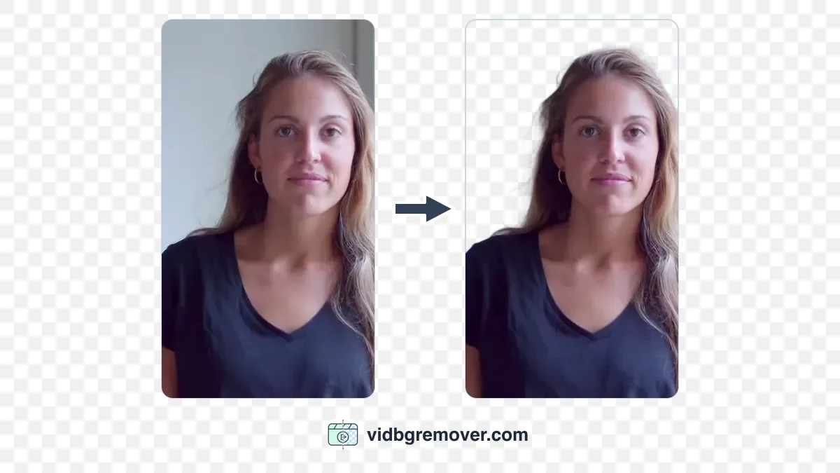 Woman filmed indoors beside a window, before and after background removal