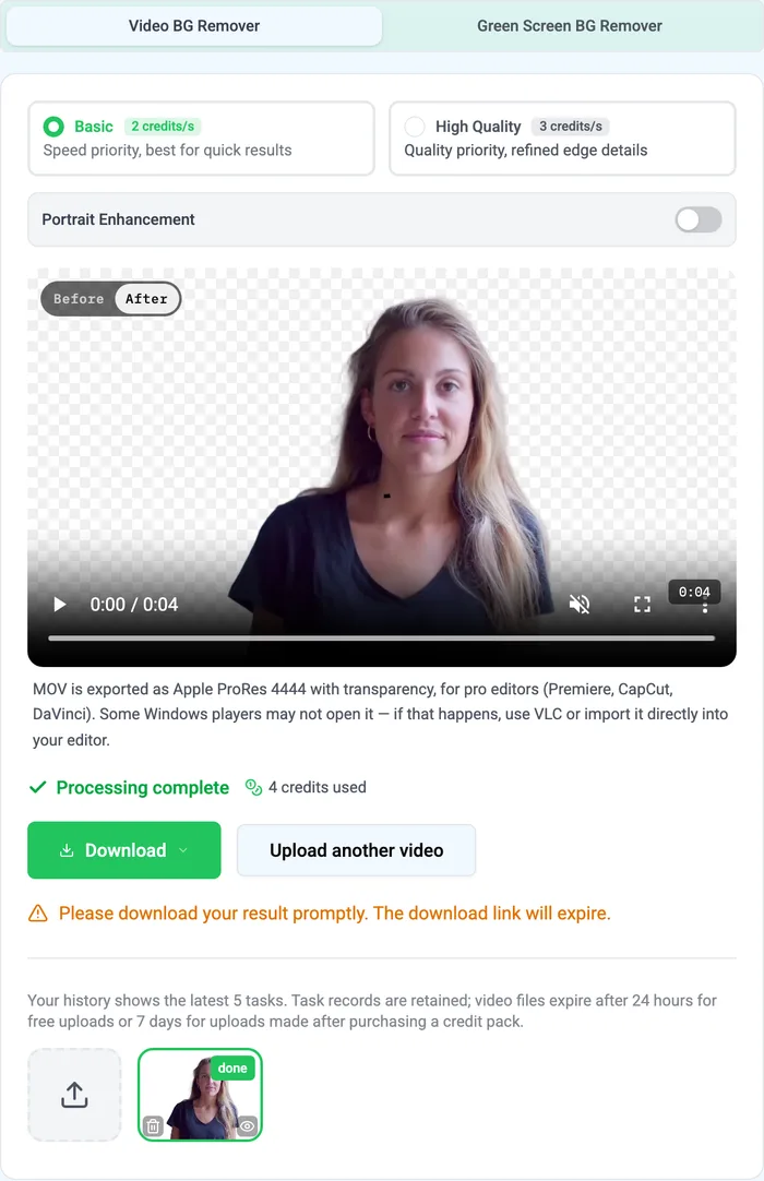 VidBG Remover result view with an existing indoor portrait demo on a transparency checkerboard and Before and After controls