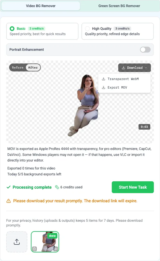 Opciones de exportación del video terminado: WebM transparente para la web o MOV ProRes 4444 para programas de edición
