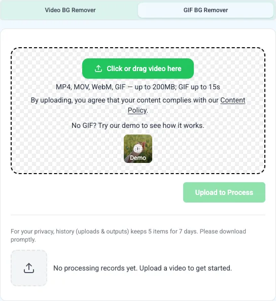 GIF 배경 제거 도구 업로드 영역: MP4, MOV, WebM, GIF 파일을 클릭하거나 드래그해 추가